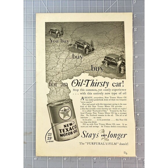 Texaco "Stays Full Longer-The Furfural'd Film does it" Vintage Print Ad 1936 - Picture 2 of 3